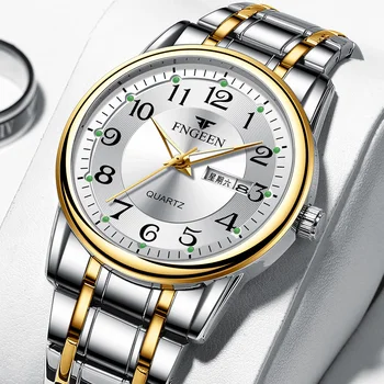 2023 Классические деловые мужские часы, Лучший бренд, Роскошное Золото, Нержавеющая сталь, Водонепроницаемые, светящиеся, с двойным календарем, Повседневные наручные часы, подарок