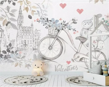 3d обои из шелкового материала beibehang на заказ, ручная роспись, милые животные, велосипед, любовь, фоновое украшение детской комнаты, 3D обои