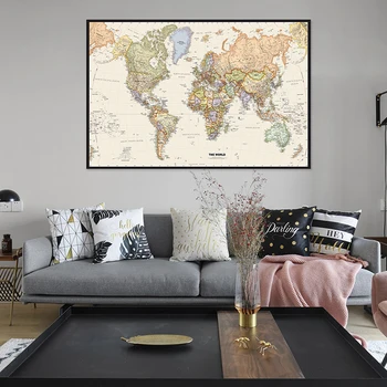 60 * 40 см Карта мира в стиле ретро с деталями, картина на холсте, настенный художественный плакат для школьного образования, декоративные принадлежности