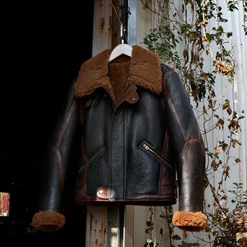 CDB3-5 Европейский Размер США, Высококачественное Супер Теплое пальто из натуральной овечьей Кожи, Мужская Куртка-бомбер Из Овечьей Шерсти Большого Размера B3, Военная Меховая Куртка