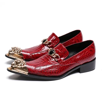 Christia Bella/ Мужские красные модельные туфли, Модные мужские оксфорды с металлическим острым носком, вечерние Свадебные туфли из натуральной кожи для джентльменов