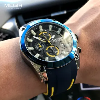 MEGIR Мужские Военные спортивные часы, Мужские Водонепроницаемые Модные Наручные часы с синим силиконовым ремешком, Мужские Роскошные Люминесцентные часы от Лидирующего бренда