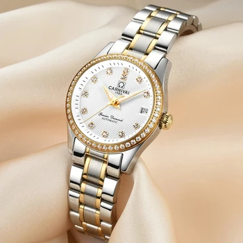 Брендовые механические часы CARNIVAL для женщин, Женские роскошные часы цвета: Розовое Золото, Серебро, Автоматические часы, Водонепроницаемый люминесцентный сапфировый Reloj