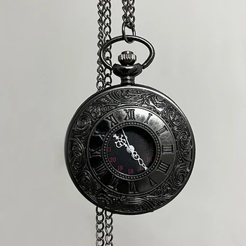 Винтажные Роскошные черные кварцевые карманные часы для мужчин, корпус с гравировкой, Римская цифра, брелок, цепочка, ожерелье, часы для коллекции, подарок