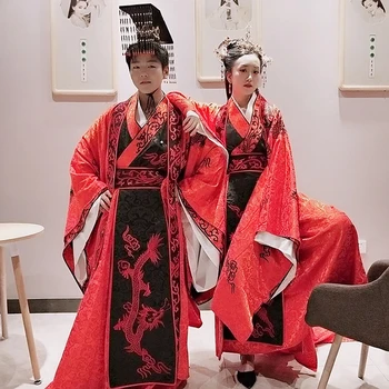 Древнекитайский Черно-красный свадебный костюм Ханфу династии Хань для пары Жениха и невесты, комплект костюмов влюбленных