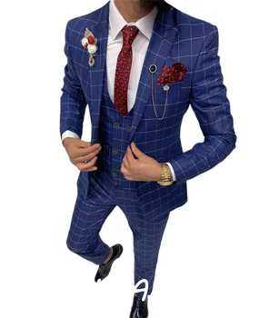 Королевский синий повседневный мужской костюм, приталенный тип, комплект из 3 предметов, двубортное дышащее тонкое платье в клетку, куртка для выпускного вечера, вечерние путешествия