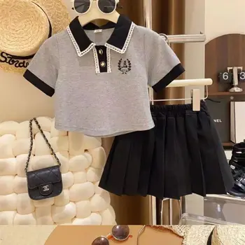 Костюм для девочек, Летняя новинка 2023, Модная Детская рубашка Поло с коротким рукавом, плиссированная юбка, Комплект из двух предметов