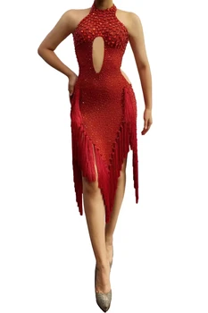 Красное платье для латиноамериканских танцев с кисточками из страз, женское конкурсное сценическое представление, бахрома из кристаллов, костюм для ди-джея в ночном клубе, костюм для танцев на шесте