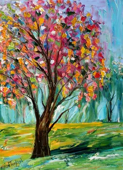 Красочные листья, усыпанные Деревом на Красивом Лугу, Ландшафтный Декор стен 100% Ручной работы, Уличная картина Маслом на холсте