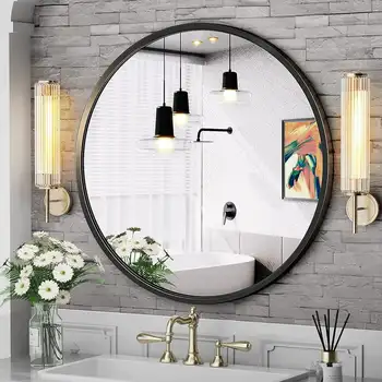 Круглые Зеркала Настенное Зеркало 24 Дюйма, Черное Круглое Зеркало для Ванной Комнаты, Круглые Настенные Зеркала для гостиной, Легко Подвешиваемый Туалетный столик Mi