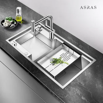 Кухонная раковина Asras 8045J SUS304 ручной работы, матовая, со сливным отверстием и краном производитель DHL