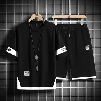 Летний новый мужской комплект в стиле хип-хоп, спортивный костюм, футболка и шорты, комплект из двух предметов, Мужской уличный комплект в стиле пэчворк