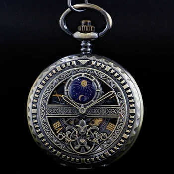 Механические карманные часы Moonlight со скульптурой ложного маховика, ретро полый корпус, имитирующий скелет, мужские механические карманные часы