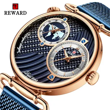 Модные мужские кварцевые часы из розового золота с дисплеем нескольких часовых поясов, темно-синий сетчатый ремень, Водонепроницаемые деловые часы