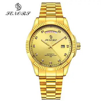 Мужские автоматические механические часы SENORS Luxury с двойным календарем, деловые золотые часы relogio masculino, мужские наручные часы