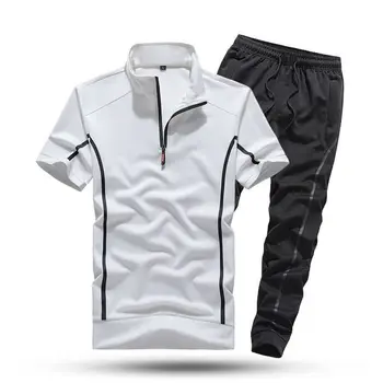 Одежда для мужчин, летний комплект брюк с короткими рукавами, тонкая спортивная одежда с вертикальным воротником, Новый повседневный деловой комплект из двух предметов