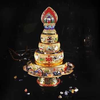 Оптовые поставки буддийских товаров -эффективный Тибетский Талисман 37-й восьмерки благоприятных Манджа Мандала диск позолоченная статуэтка + драгоценный камень