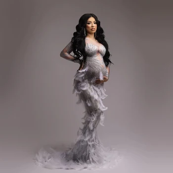 Платье для фотосъемки беременных со стразами, сшитая из высокоэластичной ткани, марлевая юбка с перьями, Сексуальное платье для беременных для фотосессии