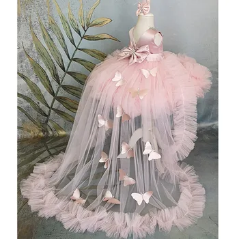 Пышное платье для девочек, Розовое детское платье со шлейфом, платье в цветочек для девочек, бант, Милые Детские Платья для Дня Рождения, Первого Причастия