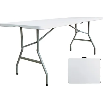 Складной стол JingPieCle 6 Футов, Портативный Пластиковый Стол 6 футов с ручкой, Сложенный Пополам, Сверхпрочный Стол, Складной в помещении на открытом воздухе 6 футов