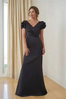 Черные атласные платья для матери невесты с V-образным вырезом, длина до пола, вечерние платья vestidos de noche