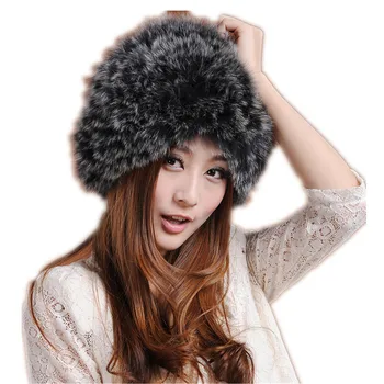 шапка с натуральным лисьим мехом в русском стиле оптом женская зимняя вязаная теплая модная дешевая H419