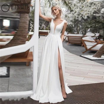 Элегантные Атласные Свадебные платья OYISHA, Сексуальное Белое платье Невесты с V-образным вырезом и рукавом-майкой С разрезом сбоку, Свадебные платья Vestido De Novia